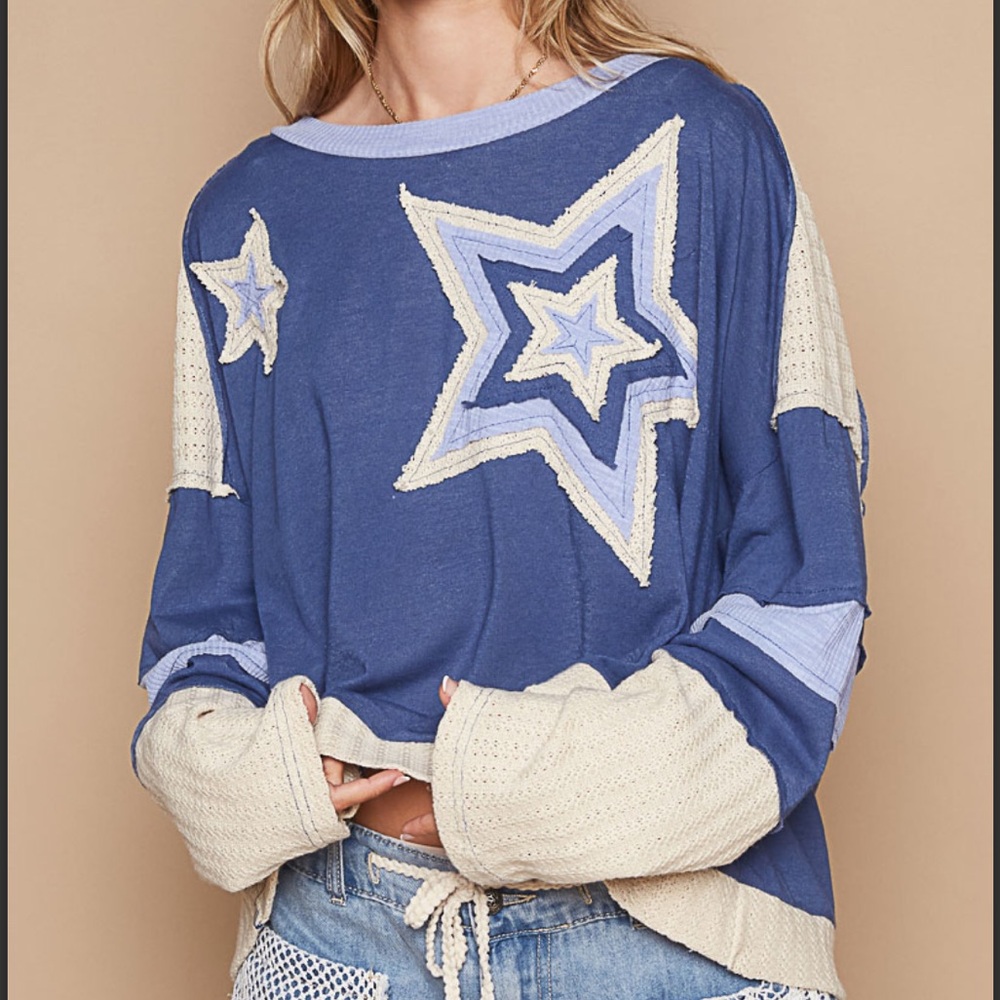 POL Blue and Cream Star Patch Long Sleeve Tee